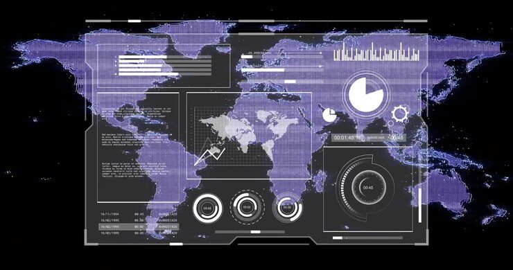 HUD panel receiving live analytics feed, animating world map, rising line chart, rotating gauge