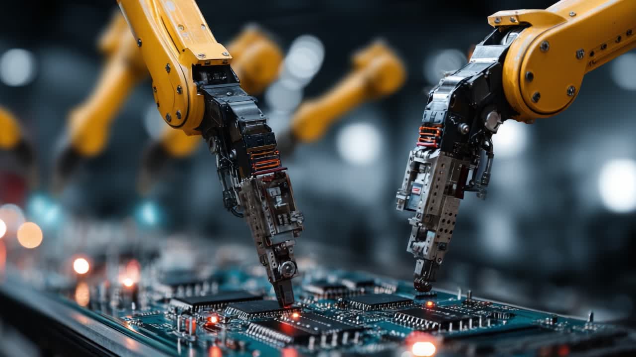 Advanced Robotic Arms Engaged in Precision Assembly of Circuit Boards in a Modern Industrial Environment, Showcasing High-Tech Automation and Innovative Manufacturing Processes