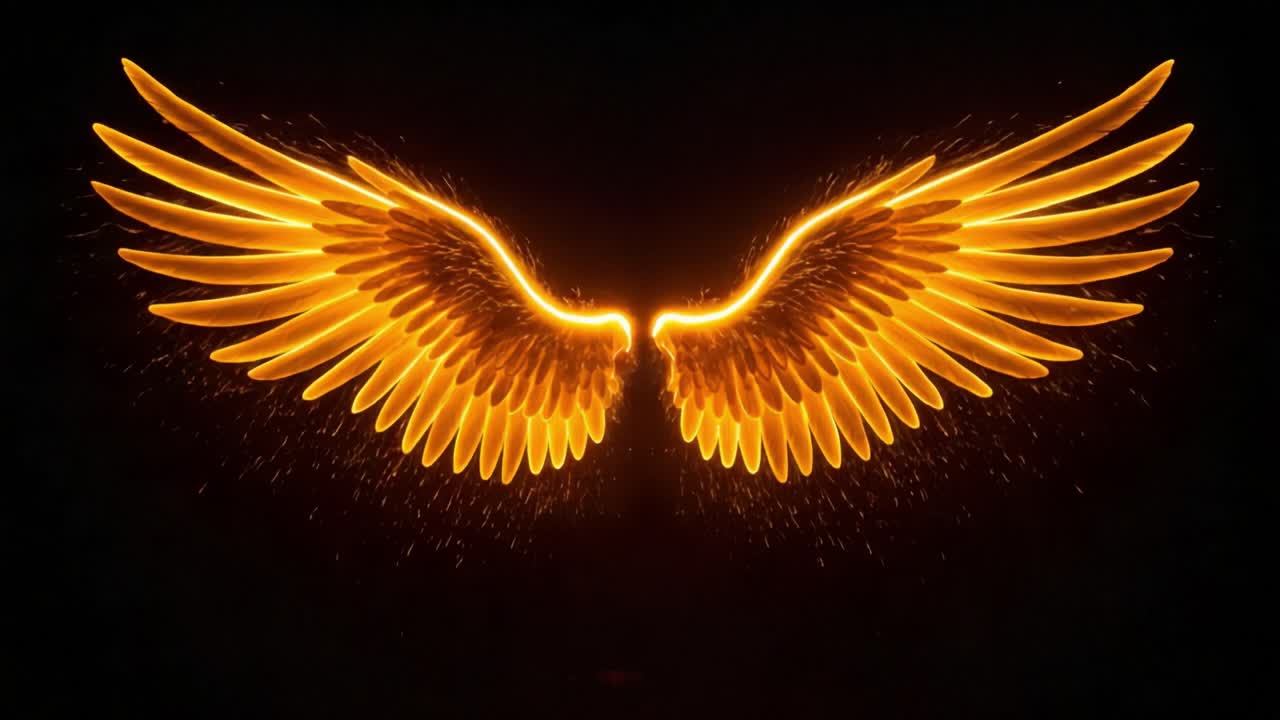 A Stunning Display of Golden Wings Illuminated Against a Dark Background, Symbolizing Freedom, Beauty, and Imagination in a Captivating Visual Experience