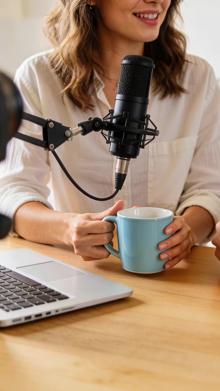 Video verticale: Presentatore sorridente che tiene in mano una tazza blu, parla al microfono nel suo studio casalingo e registra un podcast.
