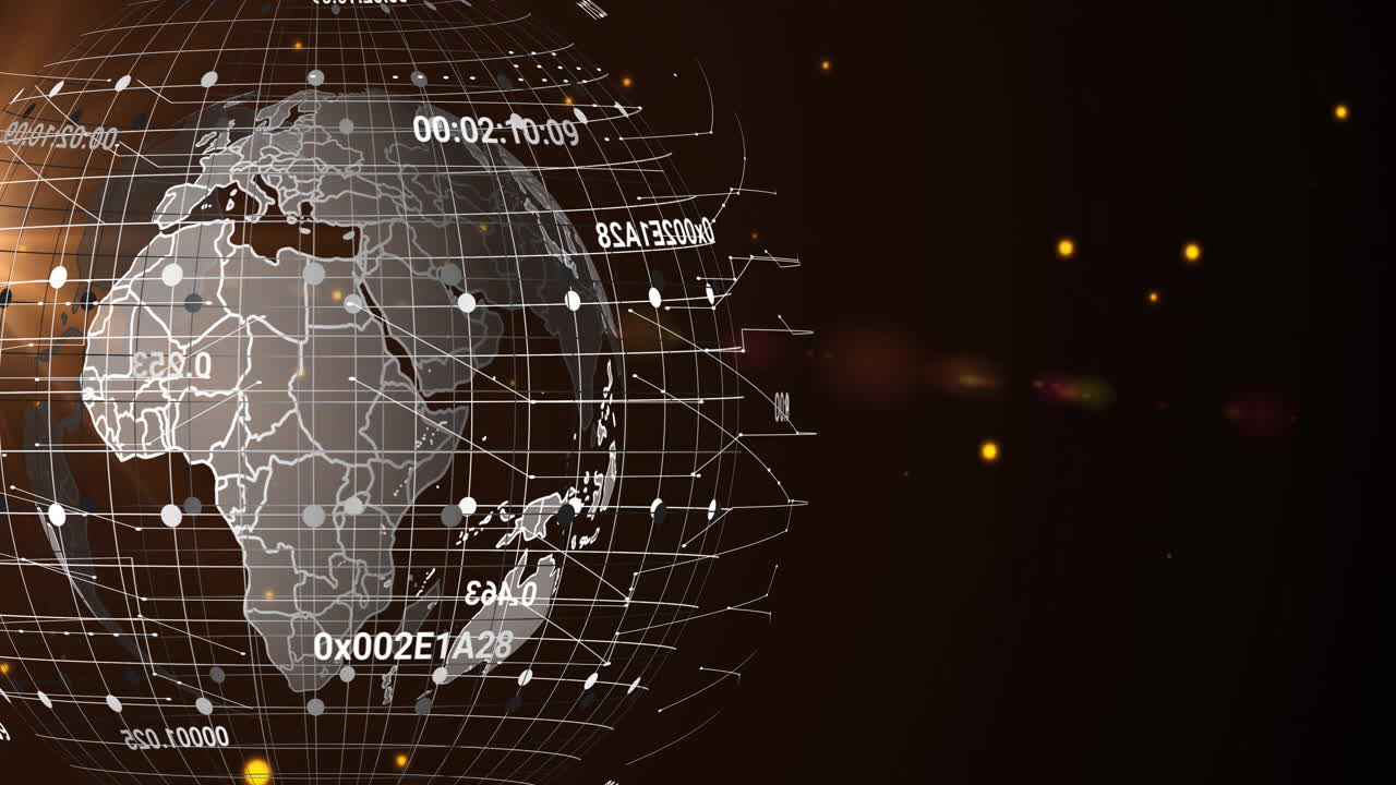 Animation of data processing and globe on black background