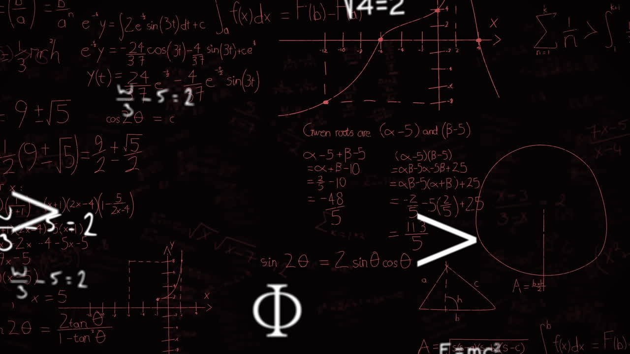 animación de ecuaciones matemáticas, fórmulas y símbolos flotando contra un fondo negro