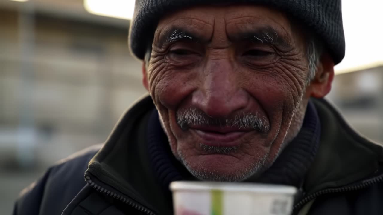 A Heartwarming Exchange: An Elderly Man Receives a Drink with a Grateful Smile, Capturing Humanity's Simple Joys and Connections in Everyday Life