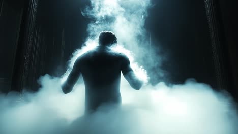 Spirit rising from the mist. A mysterious figure stands in a foggy, dimly lit space, creating an atmosphere of intrigue and intensity.
