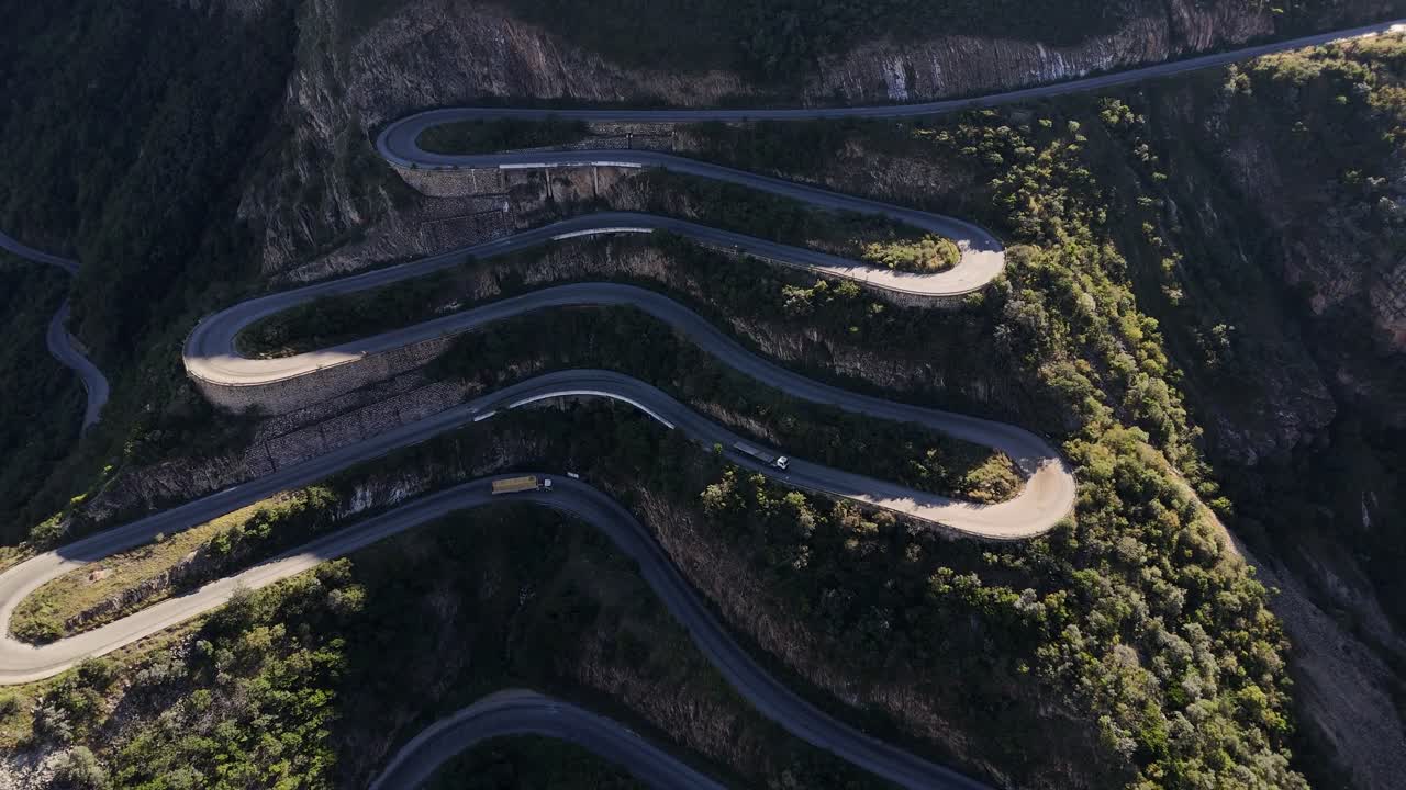 Drone panorama of Leba Pass, Angola, highlighting the harmony between engineering and nature across dramatic African highlands