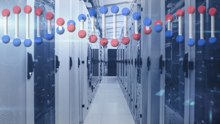 Animation of dna strand spinning and data processing over tech room with computer servers