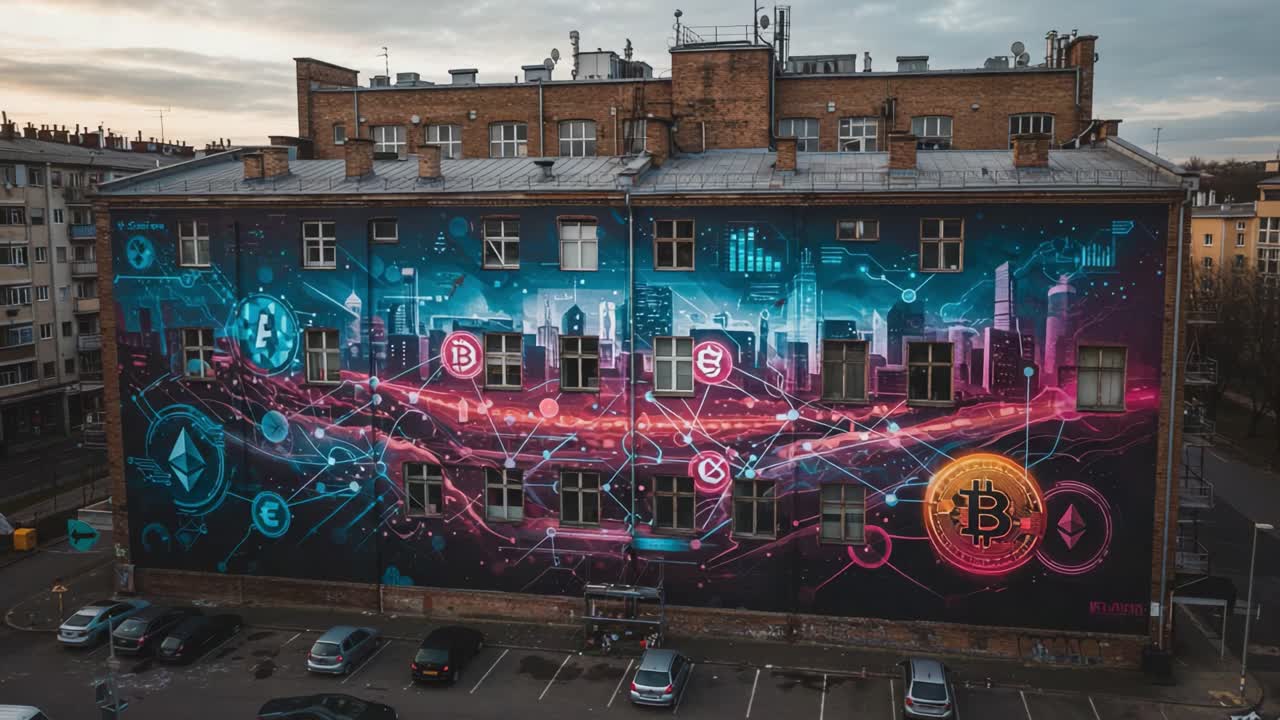 Vibrant Urban Mural Illustrating Cryptocurrency Concepts with Bold Colors Depicting Bitcoin, Ethereum, and Digital Currency Symbolism on a City Building