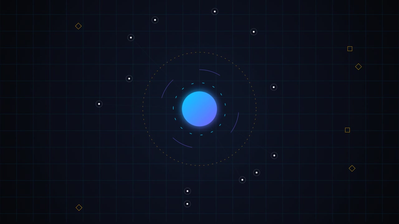 Abstract Digital Motion Graphic with Glowing Blue Core and Orbiting Particles
