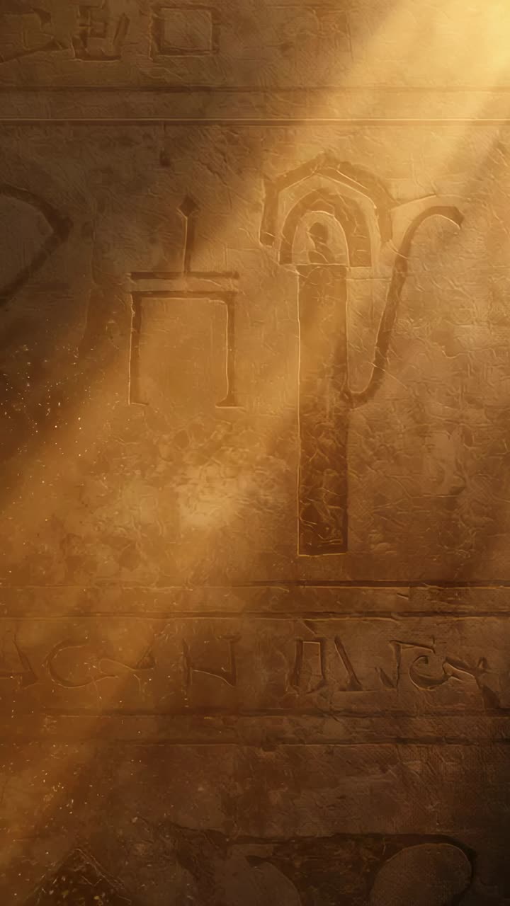 Vertical video: Shifting warm light revealing carved stone panel in museum, exposing staff glyph