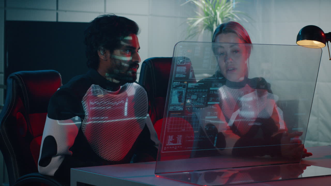 Team of futuristic scientists working with advanced computer interface