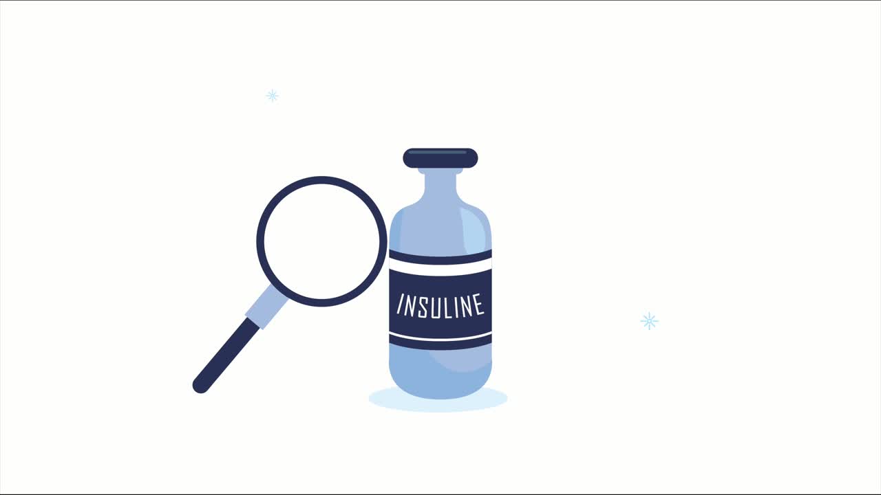 diabetes disease animation with insuline bottle and magnifying glass