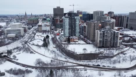 drone shot of settlement covered in heavy snow in toronto, canada