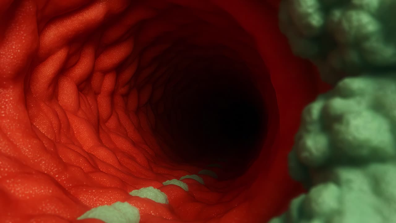 A Detailed Journey Through the Inner Lining of a Human Intestinal Tract, Showcasing the Unique Textures and Structures of the Gastrointestinal Environment in Two Perspectives