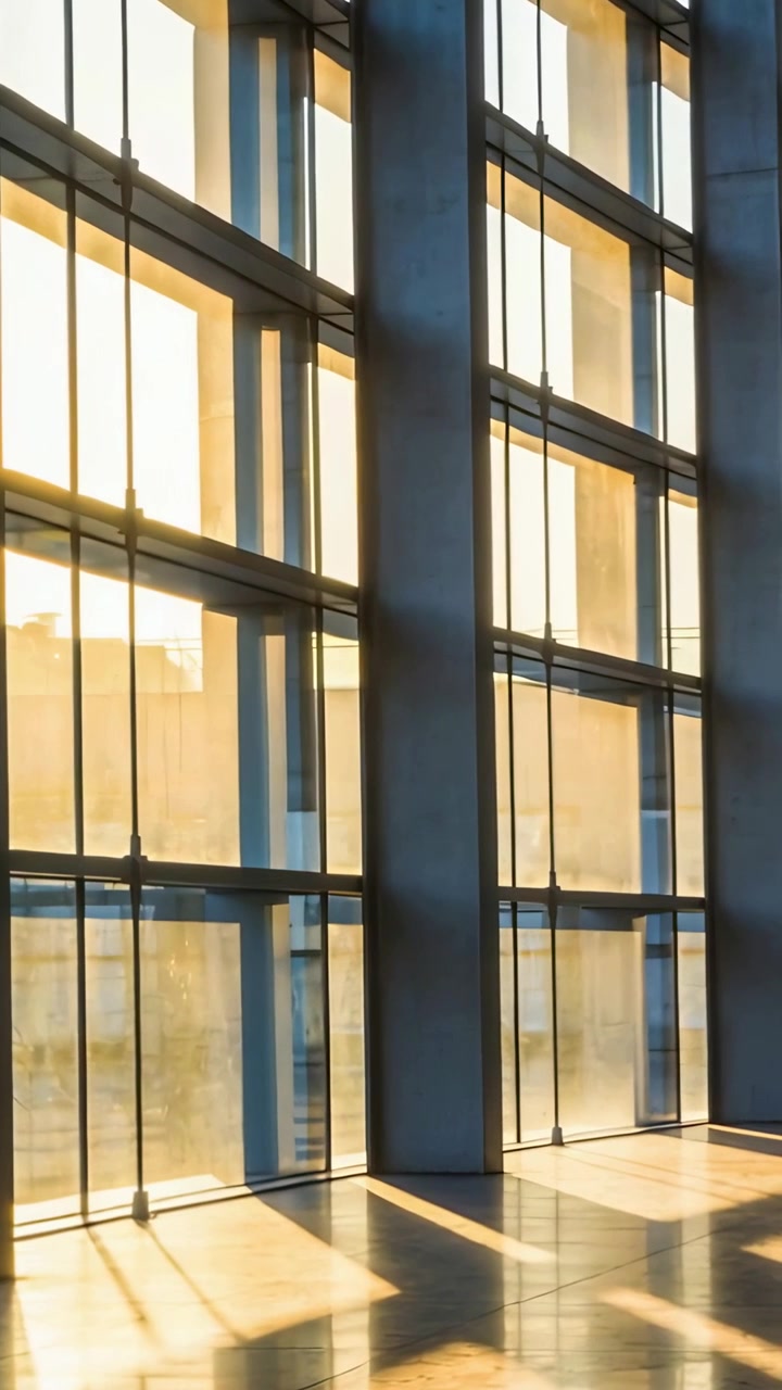 Video vertical: Sol bajo en movimiento proyectando largas sombras a través del suelo de un atrio moderno, cristal reflejante