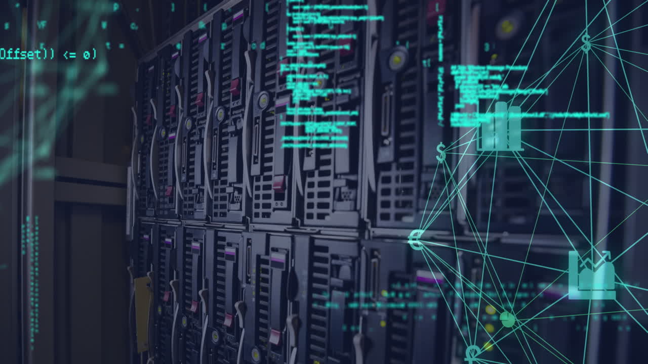 Animation of data processing and media icons over server room