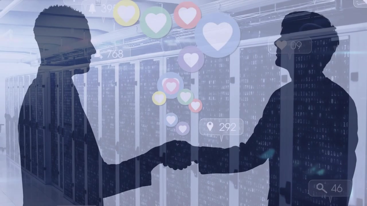 Forretningsmænd giver hånd i datacenter med ikoner for sociale medier
