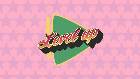 animation of level up text over rows of stars on pink background