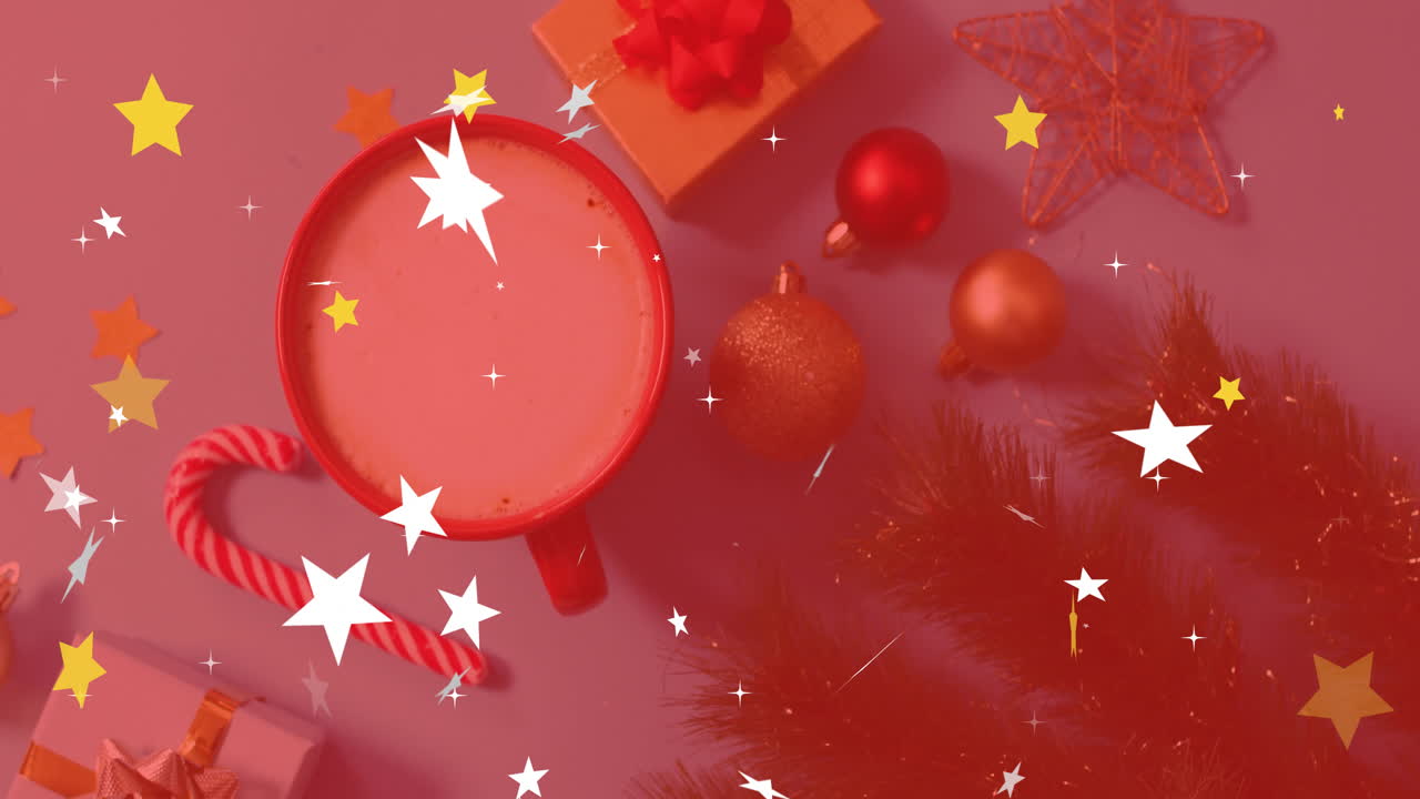 Christmas decorations with candy cane and gift boxes over star animation