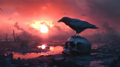 raven on a skull during sunset apocalypse