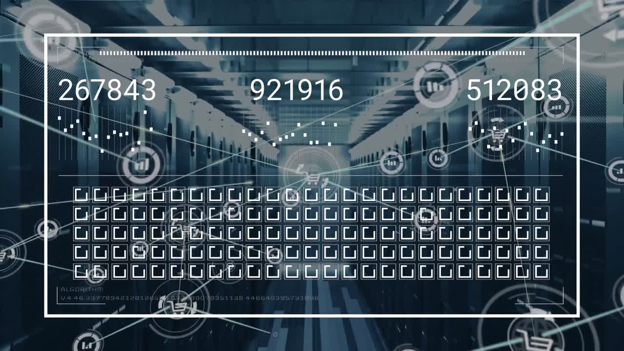 Animation of data processing and network of connections with icons over server room