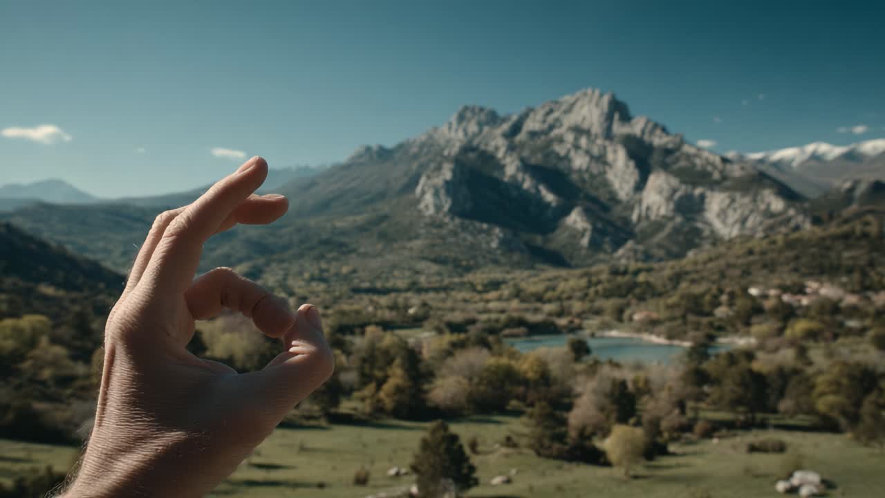 A Serene Moment of Connection with Nature: Capturing a Gesture of Peace Amidst Stunning Mountain Scenery and Lush Greenery Under a Vast Sky
