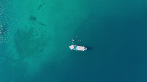 在熱帶海域停泊的帆船旁邊游泳的人,從空中俯瞰