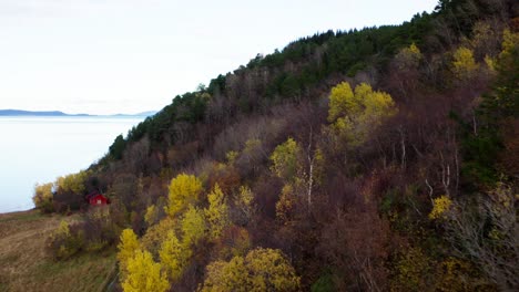 árboles-De-Otoño-En-Las-Montañas-Con-Casas-De-Campo-Junto-Al-Lago-En-Medio-De-Noruega