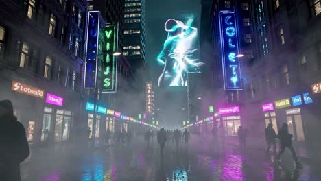 futuristic city street at night with neon lights and fog