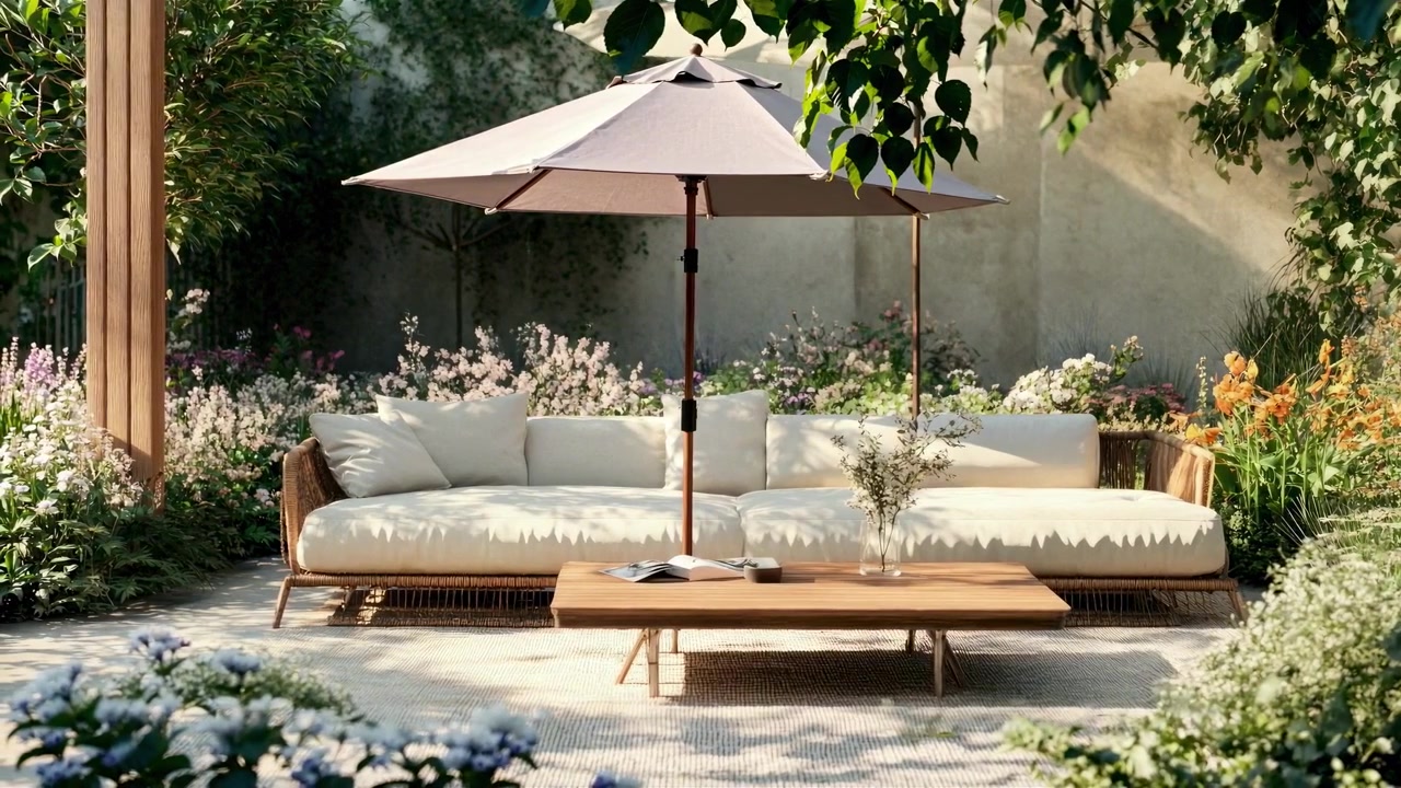 Moderna area lounge esterna con divano e ombrellone in giardino
