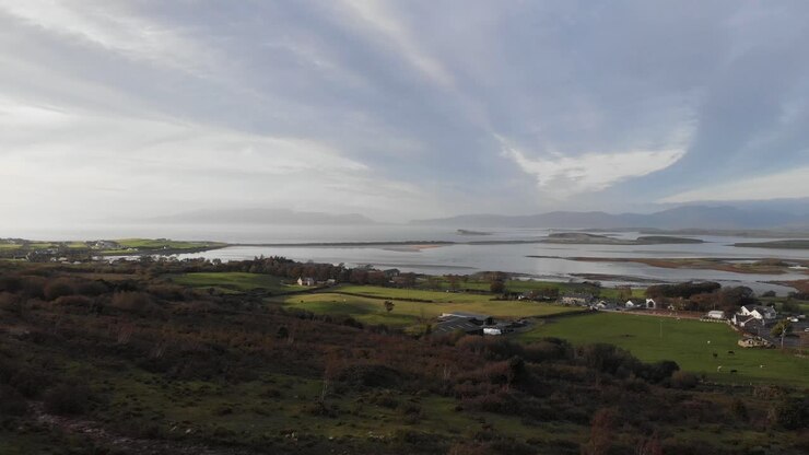 Aerial: Landscape of Croagh Patrick and beautiful Clew Bay in Ireland