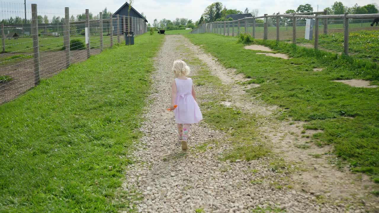 Llittle blonde girl in a white dress runs in slow motion along a gravel farm path bordered by fences and animal enclosures, surrounded by vibrant green grass on a bright spring day
