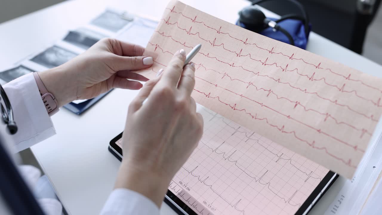Medical professional analyzing ECG results on paper and tablet