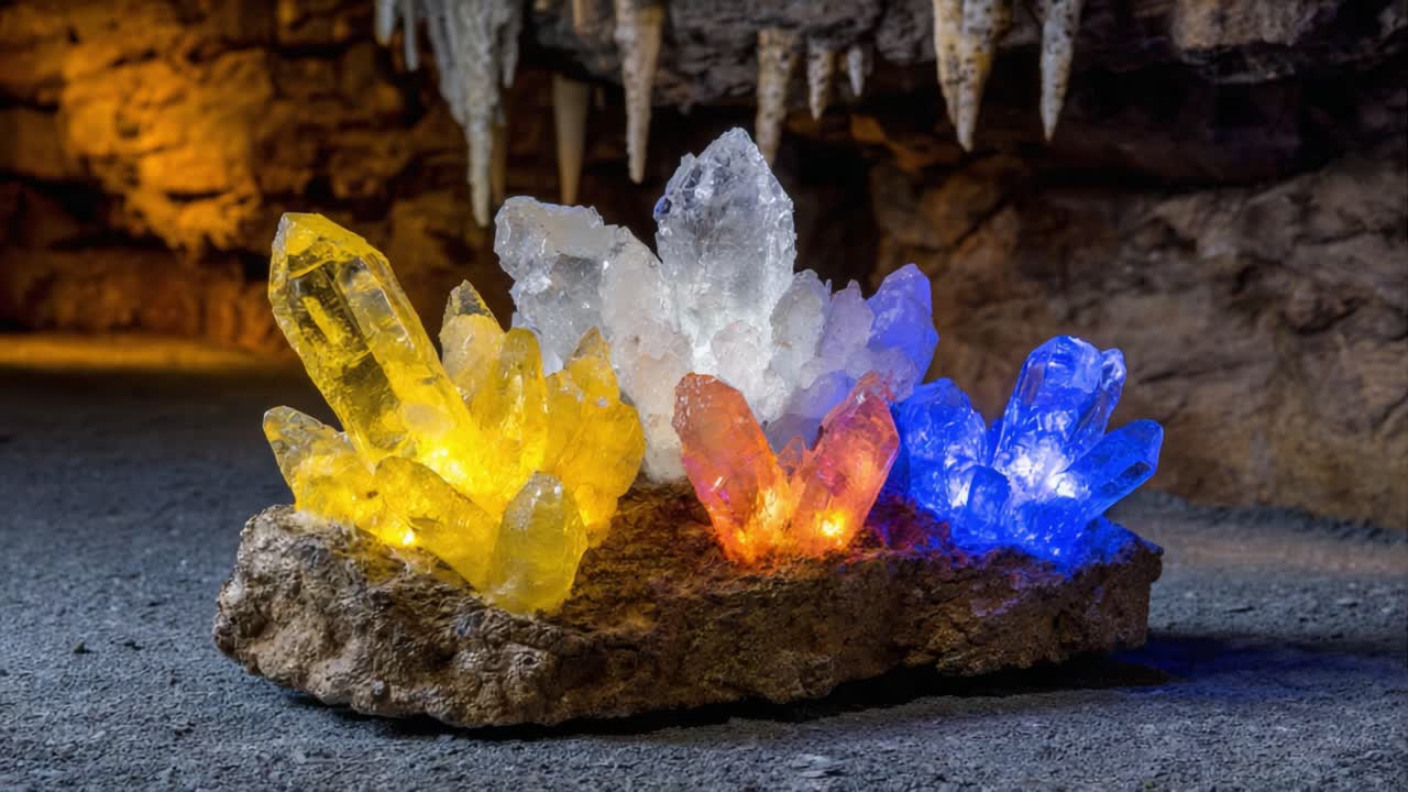 A Stunning Display of Colorful Crystals Illuminating a Natural Cave Formation, Showcasing Their Unique Shapes and Brilliant Colors in a Magical Underground Environment