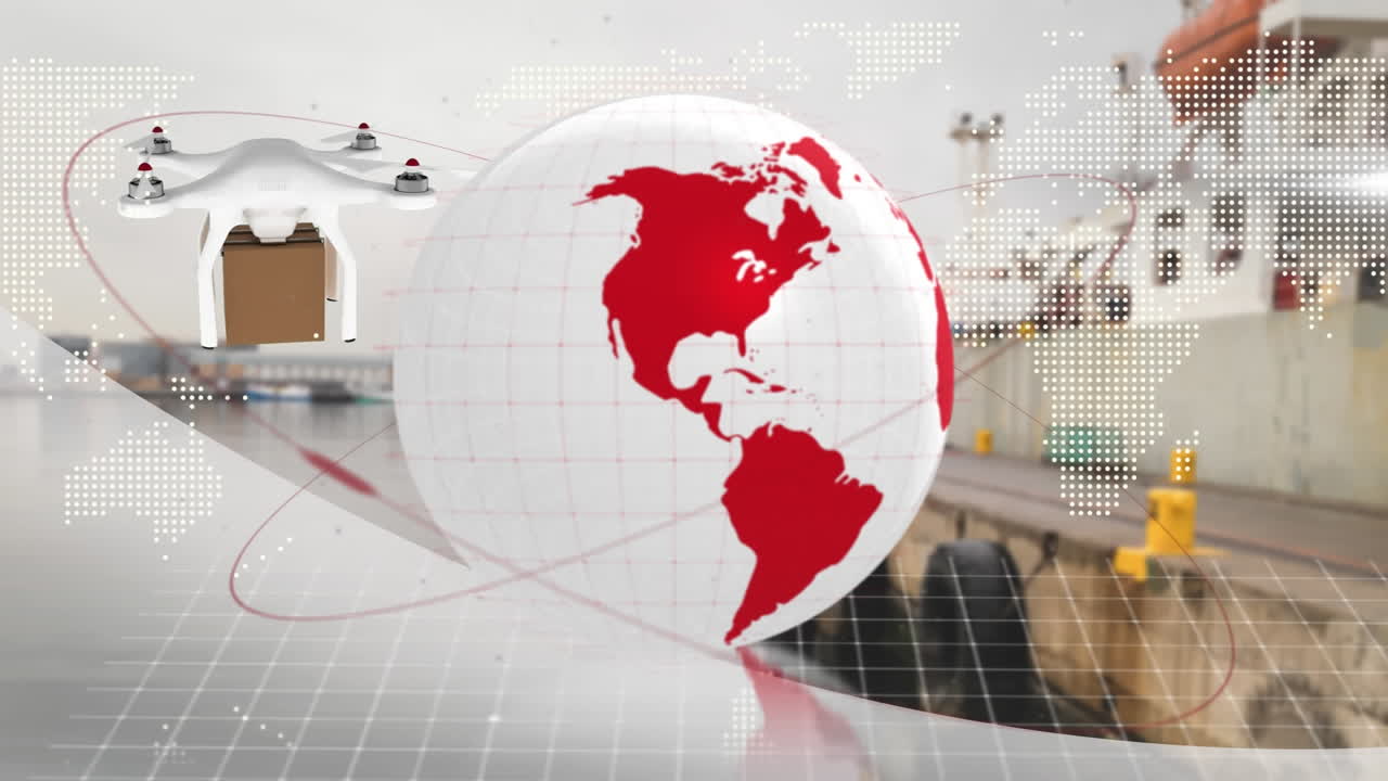 드론을 통한 연결 네트워크의 애니메이션과 조선소를 통한 패키지