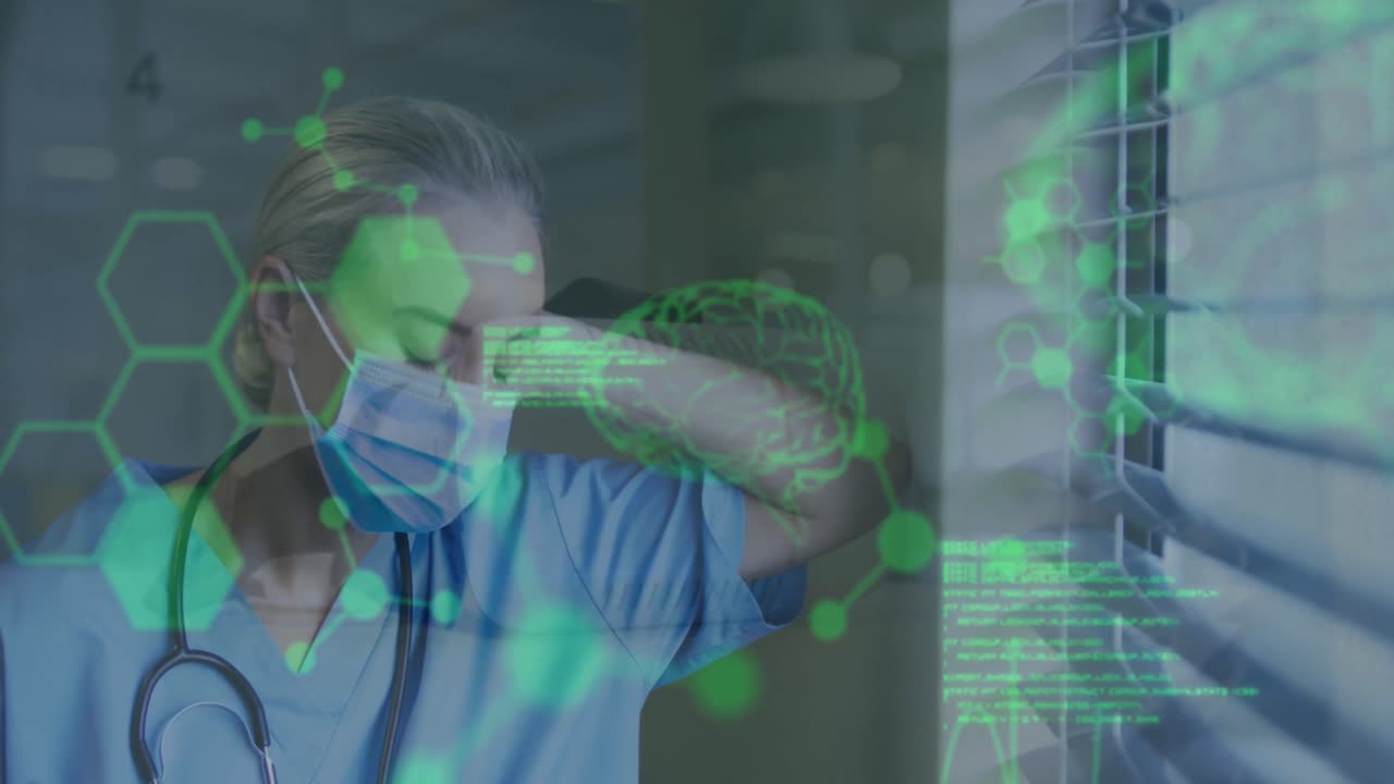 animación del procesamiento de datos médicos sobre una pensativa doctora caucásica mirando por la ventana.