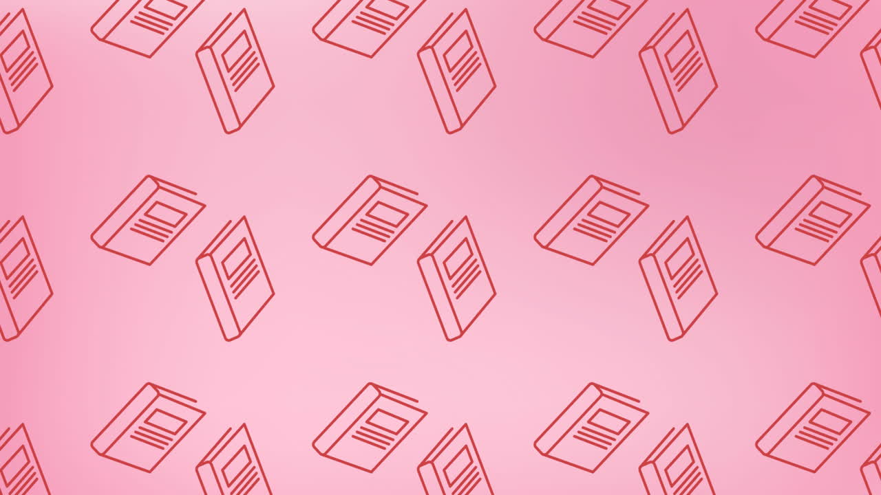 Animation of multiple school book icons in seamless pattern against pink background