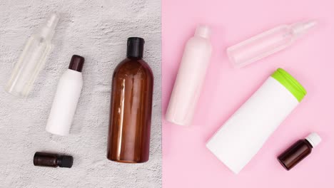 bottles with cosmetics products move on the table. stop motion