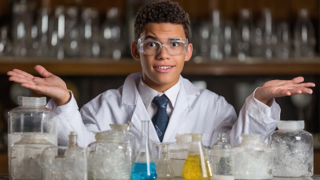 Curious Young Scientist Ponders Experiment Outcomes in Laboratory Full of Colorful Solutions and Buzzing Equipment, Eager to Discover New Chemical Reactions