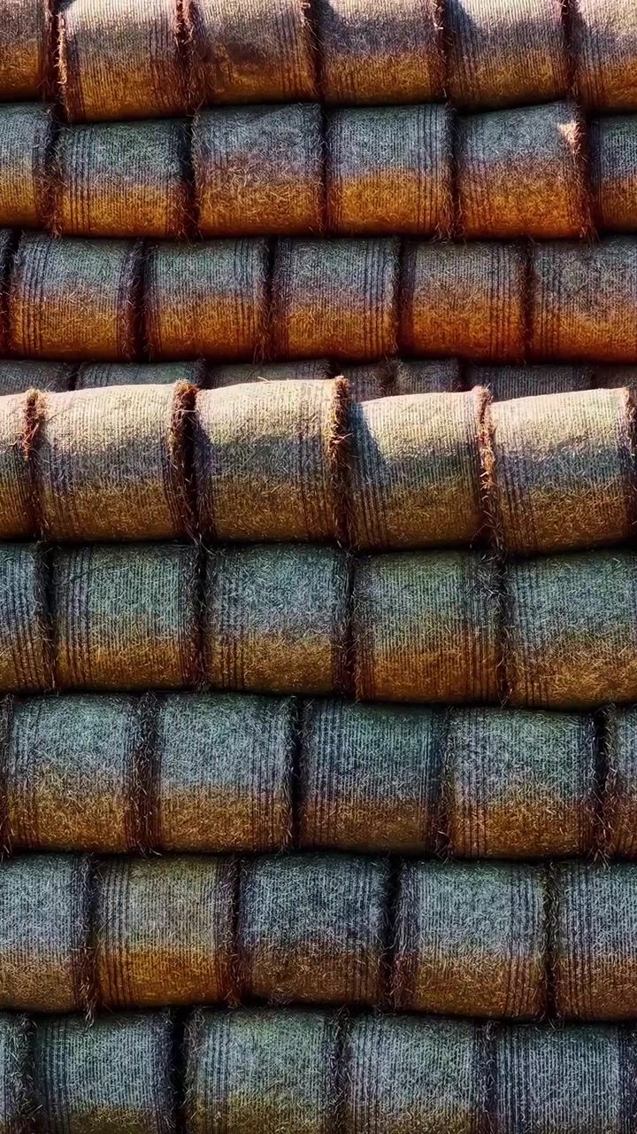 Detail úhledně naskládaných balíků sena, ukazující texturovaný vzor s teplým slunečním světlem zvýrazňujícím jejich povrch. Ideální pro zemědělská témata nebo textury pozadí.