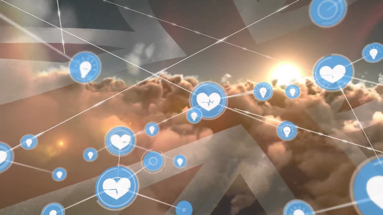 영국과 하늘의  ⁇ 발 위의 아이콘과 연결 네트워크의 애니메이션