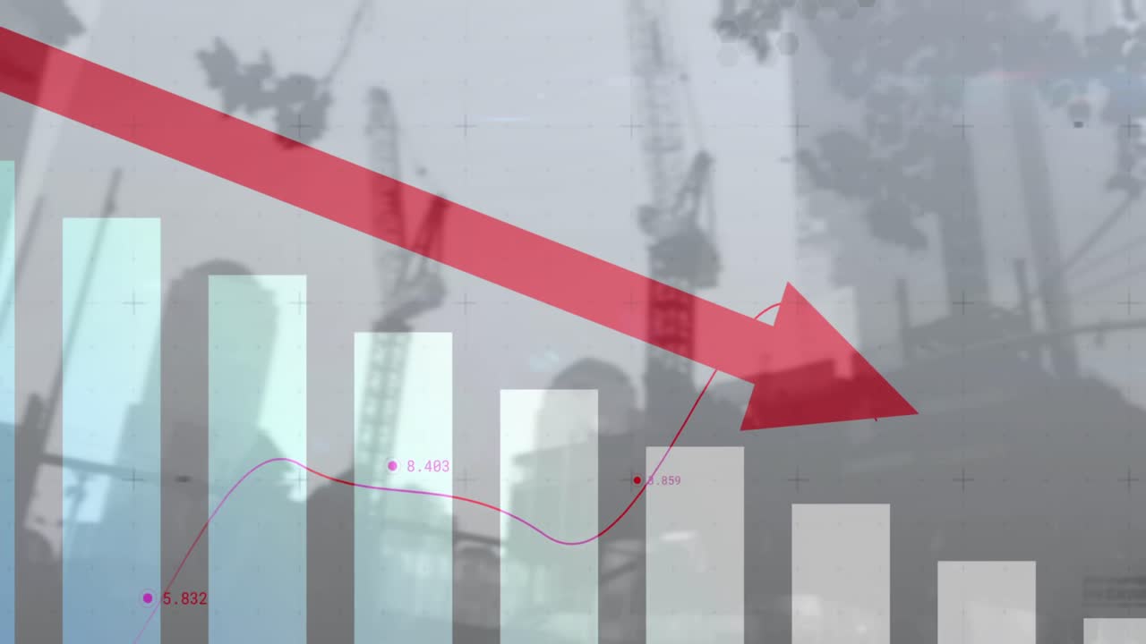 건설 현장 위로 내려오는 빨간 화살표와 함께 금융 데이터 처리의 애니메이션