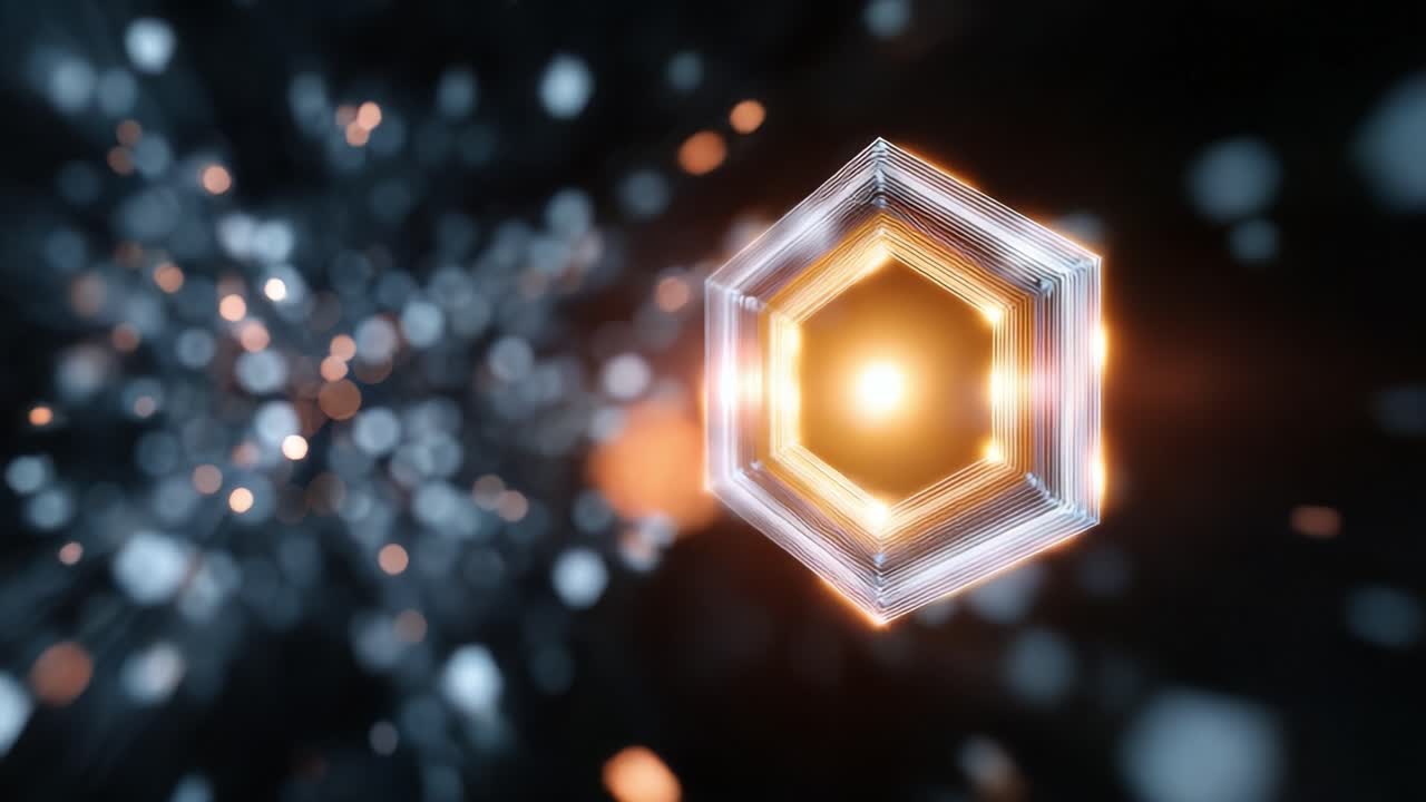 A captivating hexagonal structure radiates light in a dynamic, abstract background, representing innovation and technology in a visually striking composition