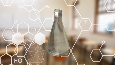 animación de una botella de vidrio de laboratorio que gira sobre estructuras químicas y fondo de la sala de clases