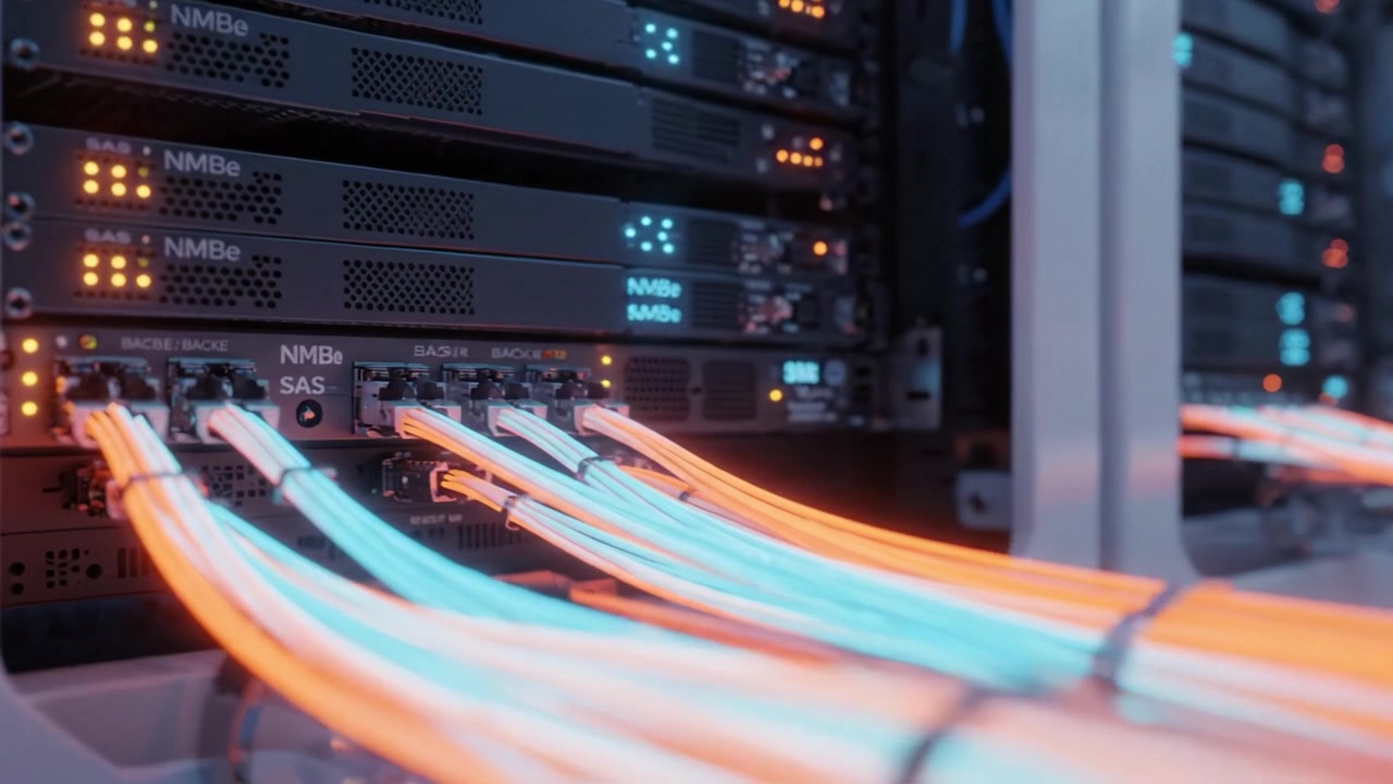 High-Tech Data Center with Brightly Lit Fiber Optic Cables Connecting Network Servers and Storage Units for Advanced Data Processing and Storage Solutions