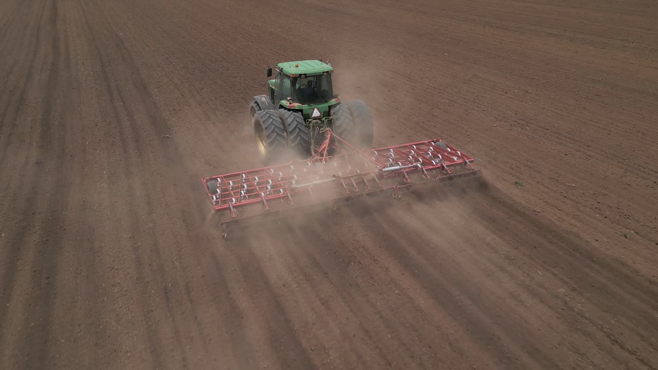 el tractor verde tira de la grada de dientes durante la siembra agrícola en el campo