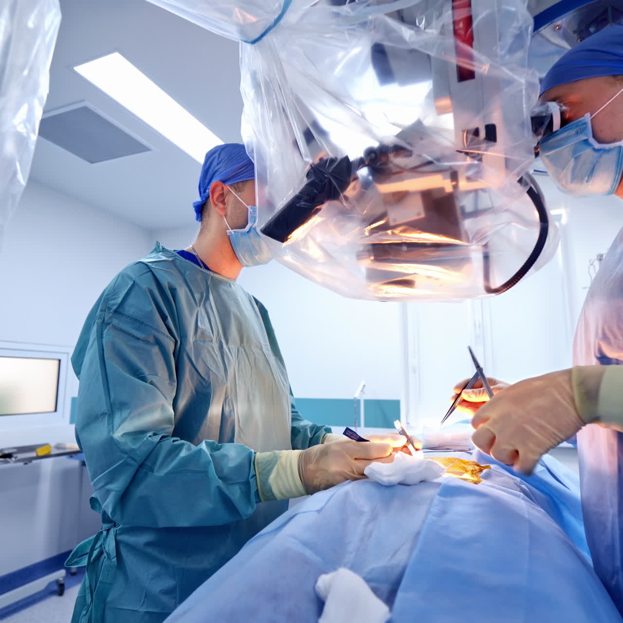Surgery with modern medical equipment in the operating room. Teamwork of doctors during operation process in clinic. Close-up.