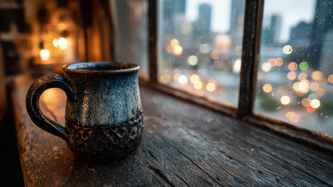 A Cozy Coffee Moment: A Rustic Mug on a Windowsill with a Blurry Cityscape in the Background, Captured During a Rainy Evening, Illuminated by Warm Lights