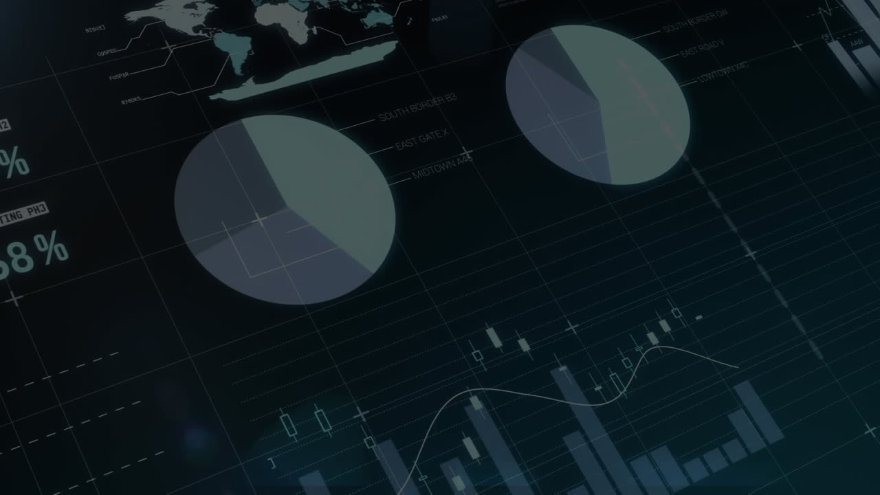 Composition of the lines of digital composite of colorful pie chart and histogram forming on screen