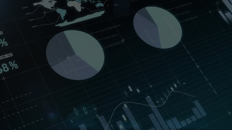 Composition of the lines of digital composite of colorful pie chart and histogram forming on screen