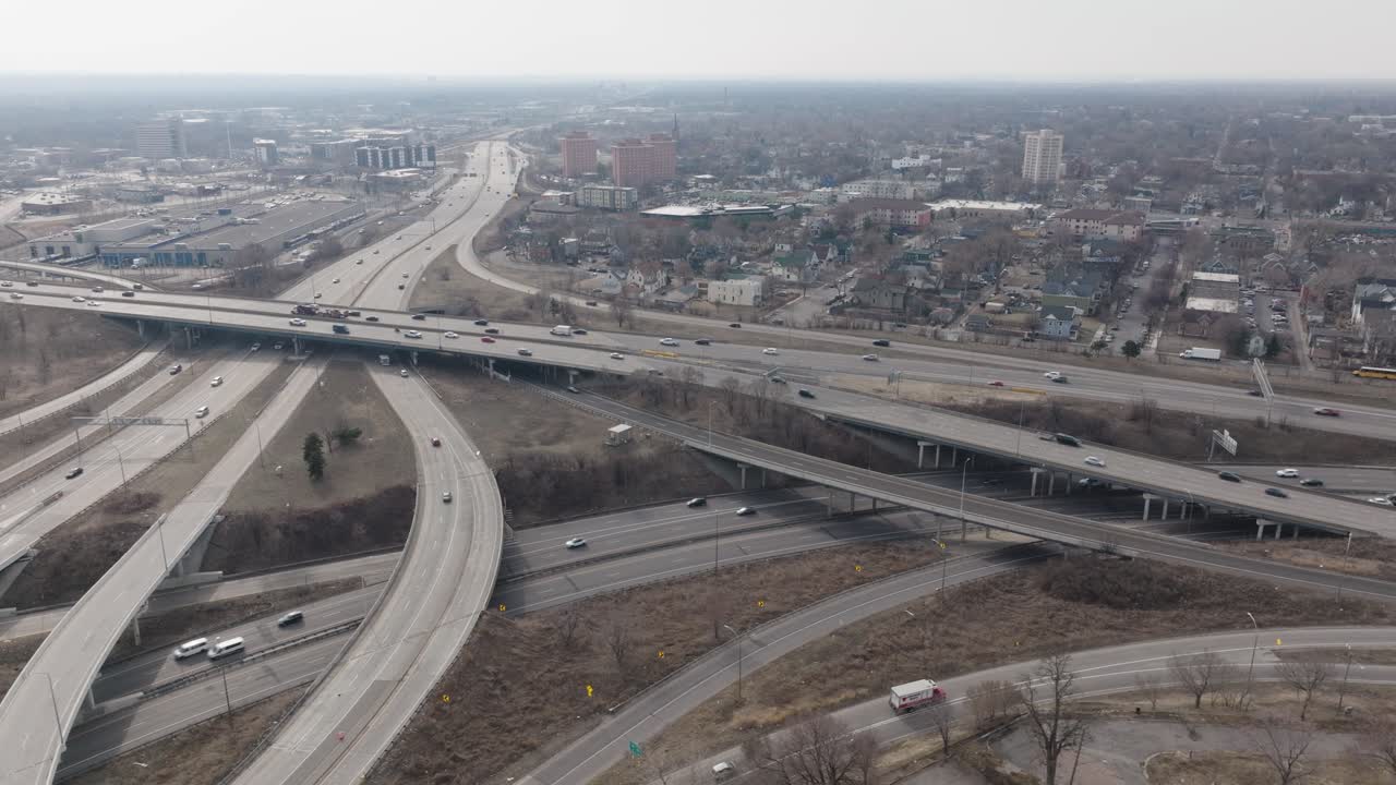 Drone shot of busy 35W and I-94 highway interchange in Minneapolis, Minnesota.